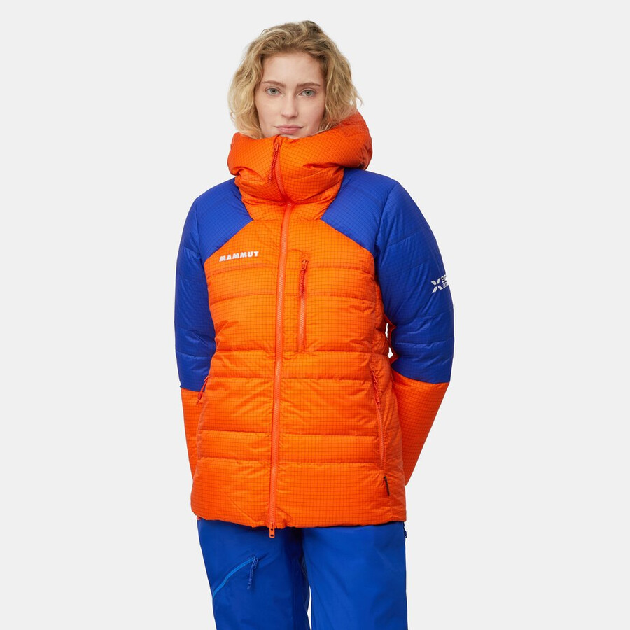 eiger nordwand advanced daunenjacke mit kapuze für damen farbe orange-eiger blau