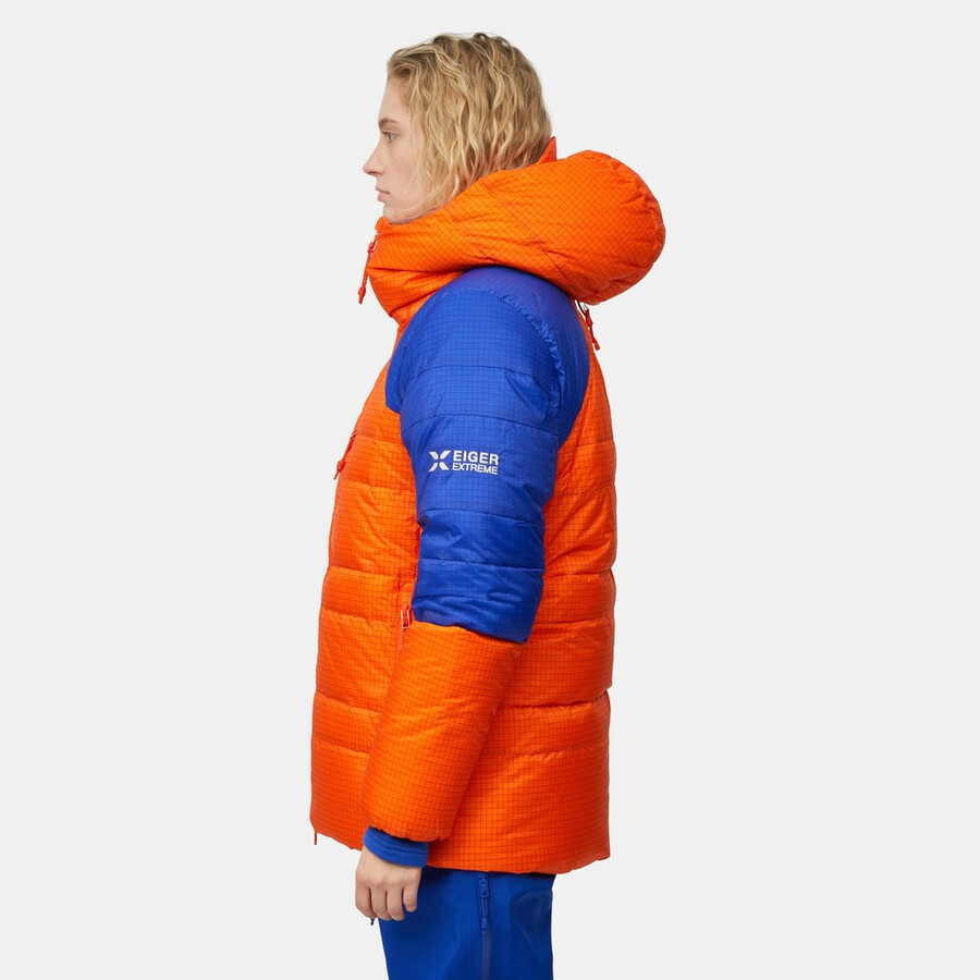 eiger nordwand advanced daunenjacke mit kapuze für damen farbe orange-eiger blau